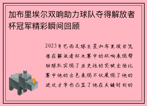 加布里埃尔双响助力球队夺得解放者杯冠军精彩瞬间回顾