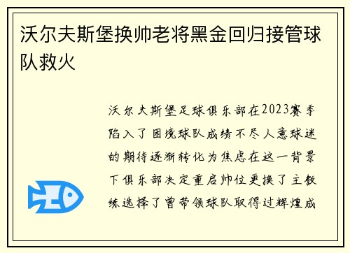 沃尔夫斯堡换帅老将黑金回归接管球队救火 沃尔夫斯堡换帅老将黑金回归接管球队救火